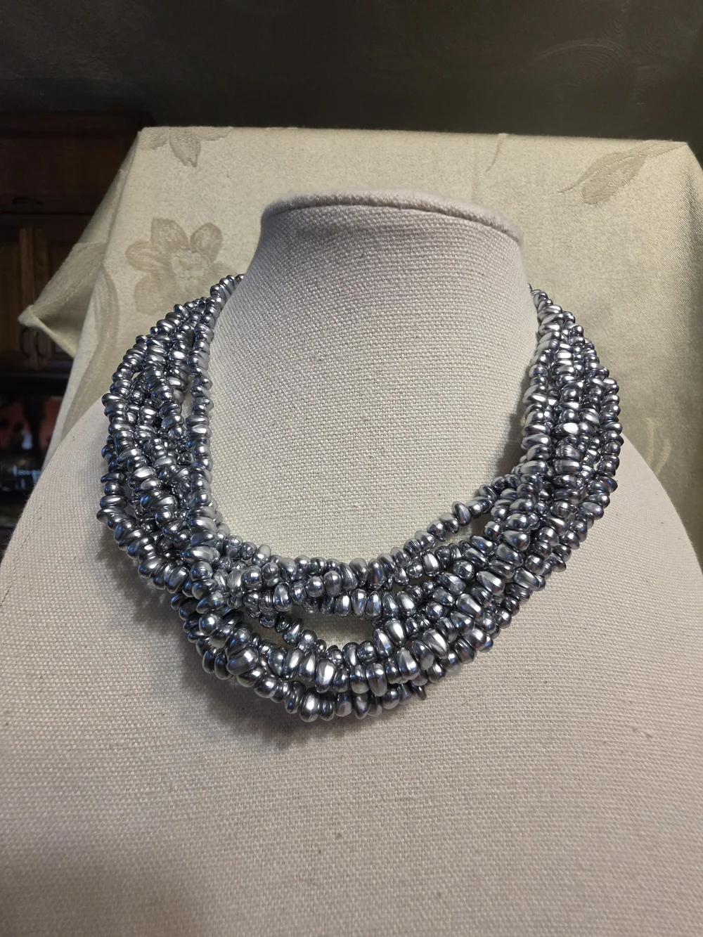 #1325 Elegant Multi-Strand Silver Pearl Necklace with Gold Accent - Picture 2 of 3